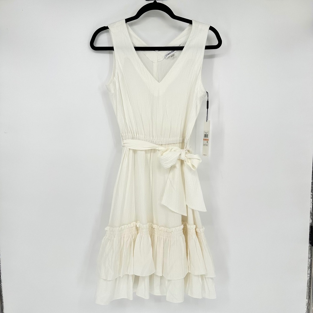 NEW Calvin Klein White Mini Belted Ruffle Dress Sleeveless V-Neck Minimalist 2